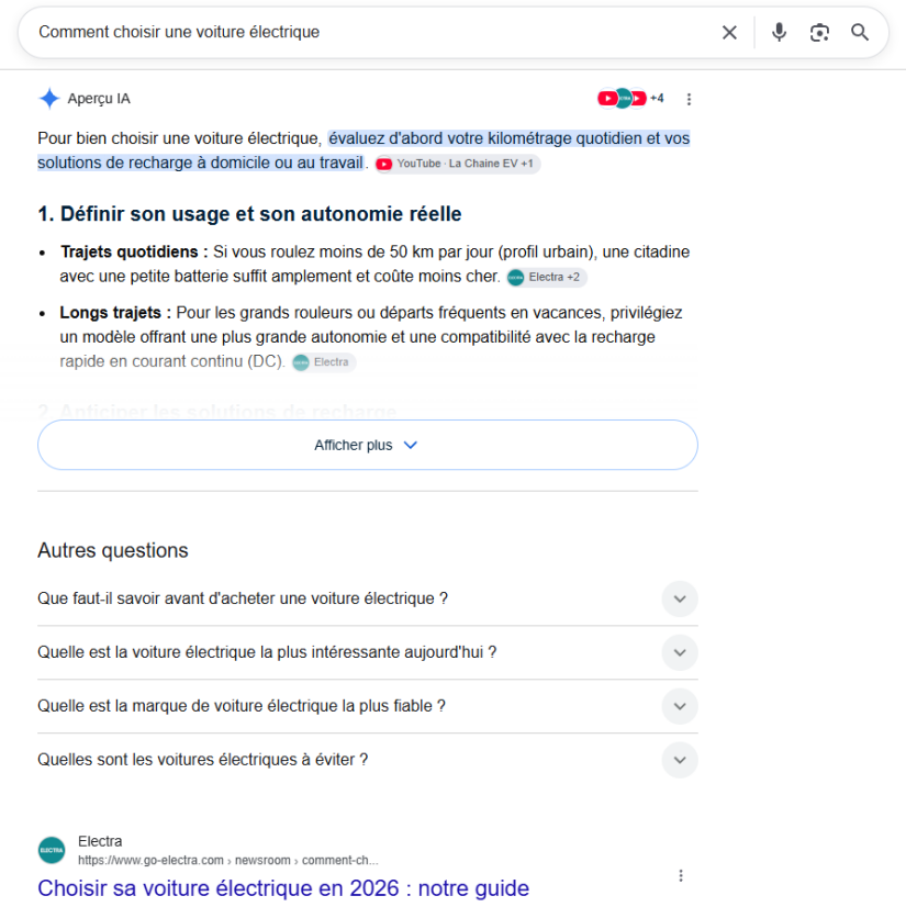 Exemple d'aperçu IA sur Google lors d'une recherche