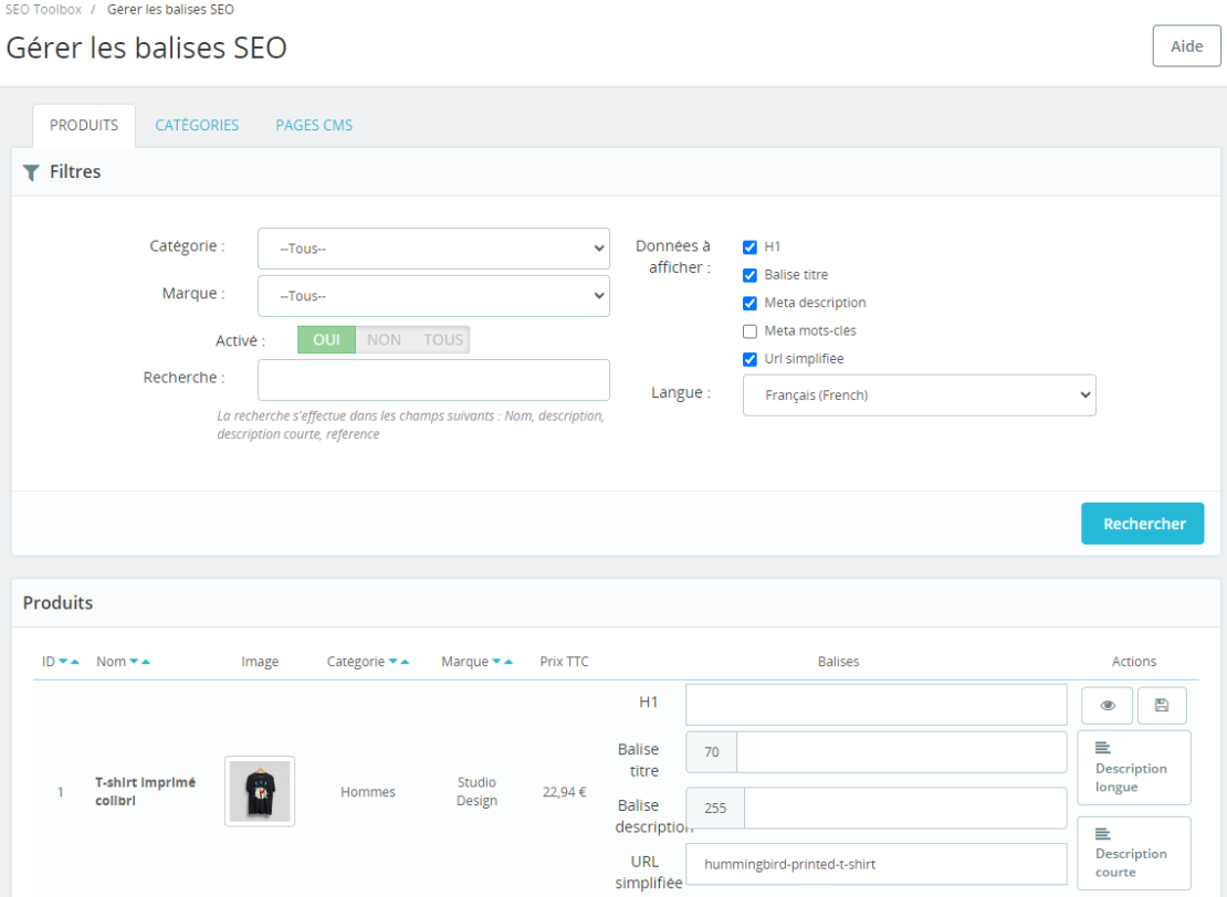 Interface de gestion des balises SEO sous PrestaShop