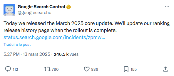 Annonce Google Core Update - Mars 2025